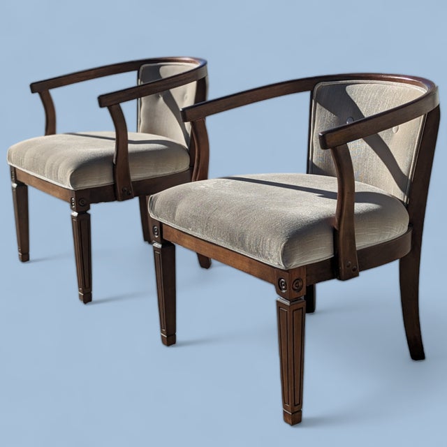 Pair of Vintage Curved Wood and Upholstered Barrel Armchairs For Sale In Los Angeles - Image 6 of 14