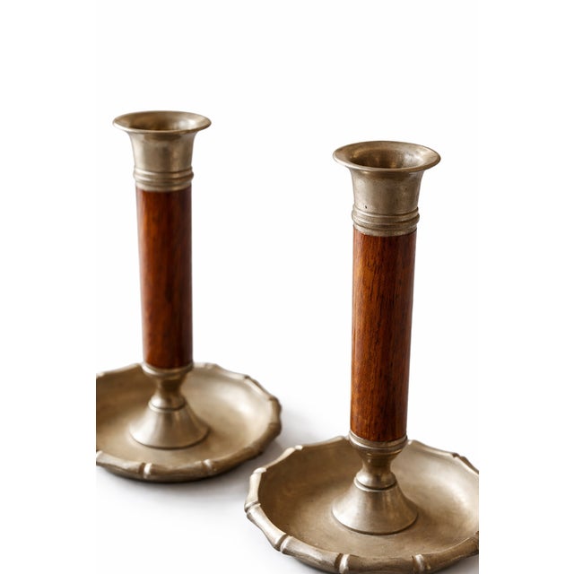 Mid-Century Modern Brass and Wood Chamber Candlesticks with Ring Handle, 1950, Set of 2 For Sale - Image 4 of 8