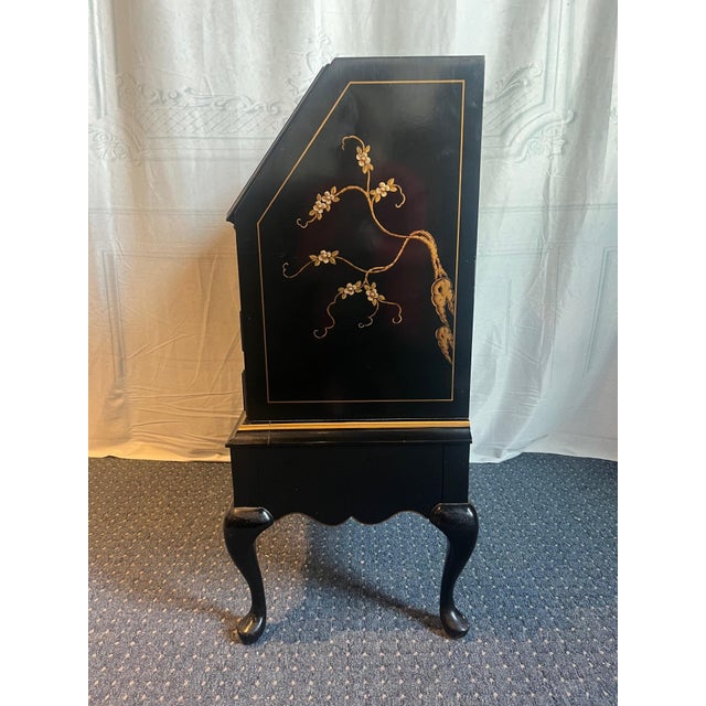 1970's Black Lacquer Hand Painted Asian Chinoiserie Secretary Desk For Sale In Boston - Image 6 of 12