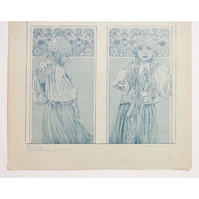 Illustration 1905 French Art Nouveau Illustration - Alphonse Mucha, Girl With Flowers ('Figures Decoratives,' Plate #8) For Sale - Image 3 of 5