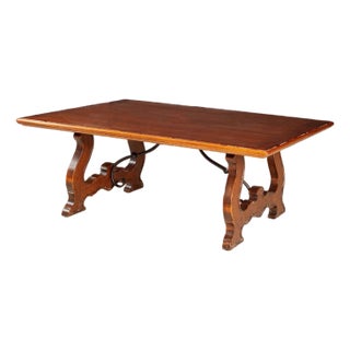 Italian Rustic Solid Walnut Trestle Coffee Table With Hand-Forged Iron Accents For Sale