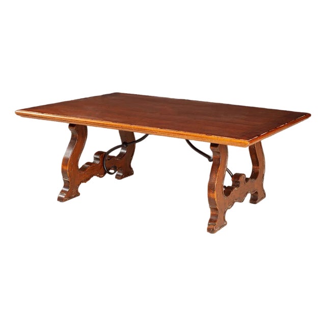 Italian Rustic Solid Walnut Trestle Coffee Table With Hand-Forged Iron Accents For Sale