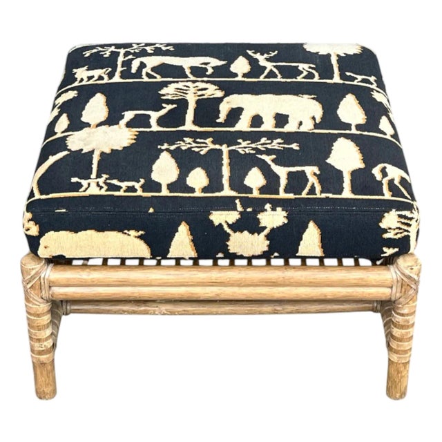 1980s McGuire Thebes Rattan‑Weave Ottoman, Natural Satin Finish, 5" Needlepoint Cushion For Sale