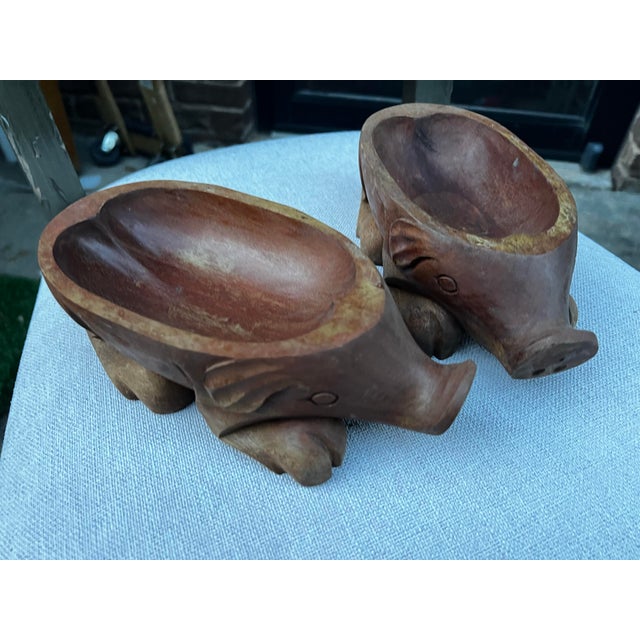 Boho Chic 1970s Pair of Wooden Hand Carved Pig Catchalls For Sale - Image 3 of 11