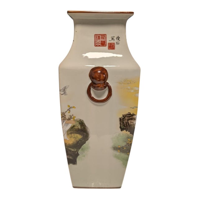 An impressive and serene vintage Chinese polychrome porcelain square-section baluster vase in the classical Republic...