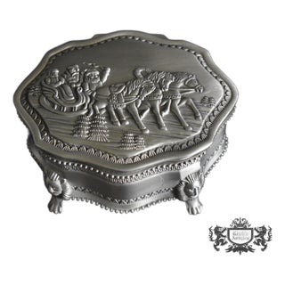 Vintage Metal Trinket Box Lion Paw Feet Santa Sleigh Jewelry Box Velvet Lined For Sale