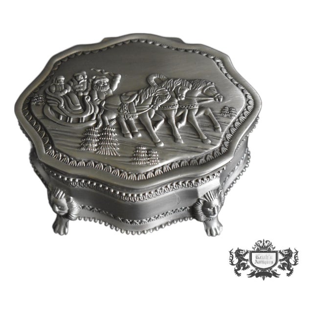 Vintage Metal Trinket Box Lion Paw Feet Santa Sleigh Jewelry Box Velvet Lined For Sale