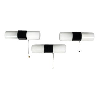 Mid-Century Modern Italian Wall Lamps in Opaline Glass and Black Bakelite, 1950s, Set of 3 For Sale