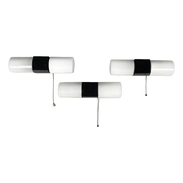 Mid-Century Modern Italian Wall Lamps in Opaline Glass and Black Bakelite, 1950s, Set of 3 For Sale