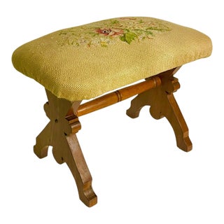 Vintage English Needlepoint Footstool With Carved Oak Base | Mid-Century Upholstered Stool For Sale