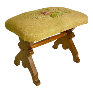 Vintage English Needlepoint Footstool With Carved Oak Base | Mid-Century Upholstered Stool