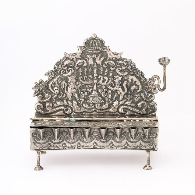 Baroque 19th Century Hand-Worked Repoussé Sterling Oil Lamp Footed Menorah For Sale - Image 15 of 18