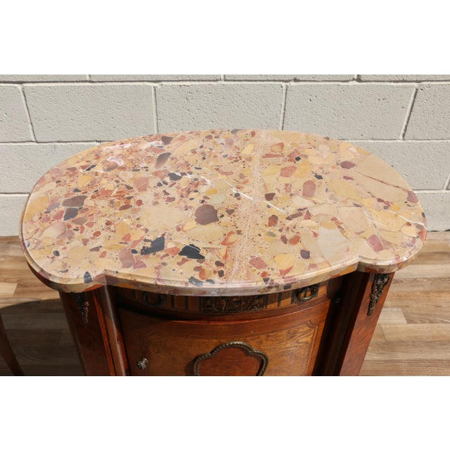 Pair Antique French Louis XV Style Marble Top Inlaid Wood Nightstands, Circa 1940s For Sale - Image 11 of 18