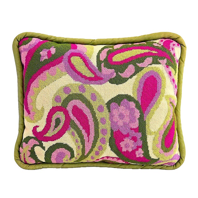 Vintage Needlepoint Pillow With Paisley Floral Motif For Sale