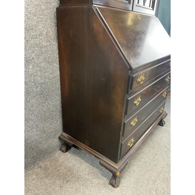 Brass Antique Solid Mahogany Secretary Desk, Colonial MFG Co, Chippendale Revival Writing Cabinet (Circa 1920s-1930s) For Sale - Image 8 of 13