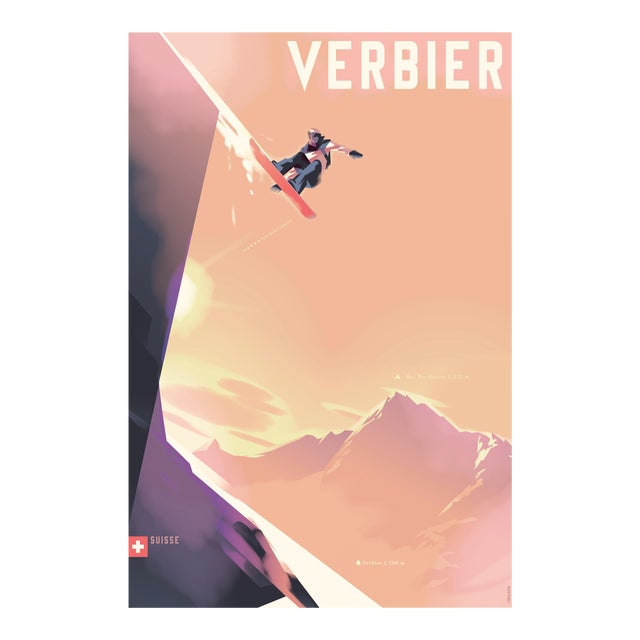 2020 Modern Danish Mads Berg Poster, Verbier Snowboard For Sale
