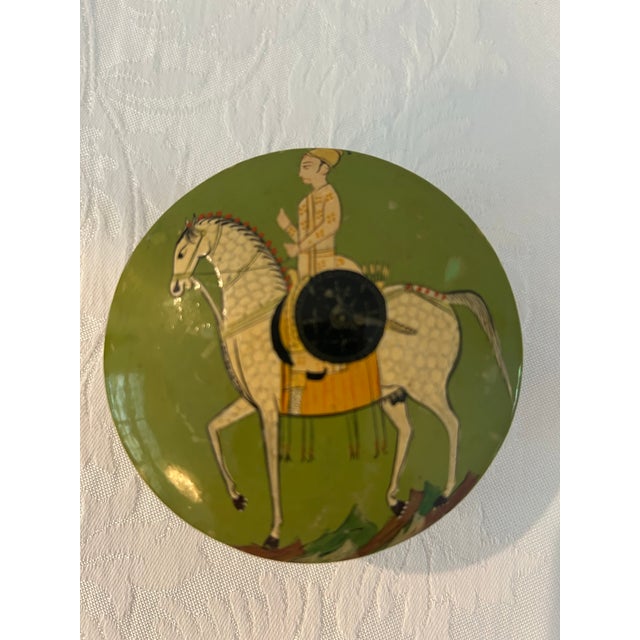 Unique vintage hand-made Paper Mache round trinket box featuring a hand-painted design of an Indian warrior on a horse....