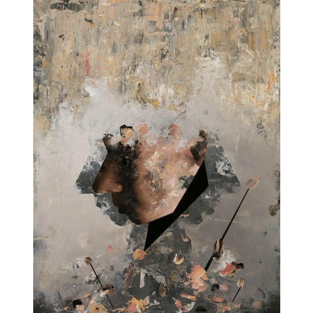 This artwork presents a fragmented profile against a textured background, where layers of oil paint create a sense of...