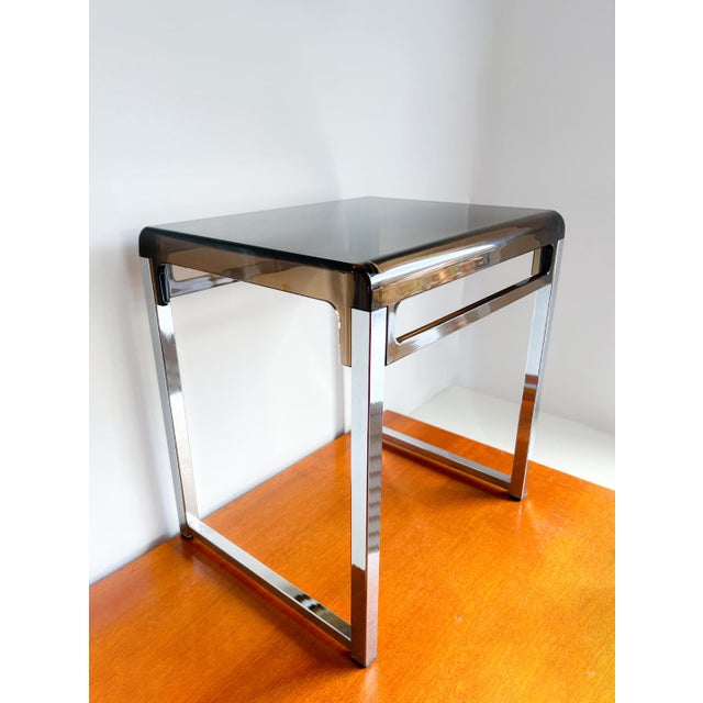 Vintage Smoked Brown Acrylic Glass and Chrome Side Table attributed to Marc Berthier, 1960s For Sale - Image 11 of 11