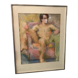 1970s Chalk Pastel Portrait Drawing of a Reclining Nude Man