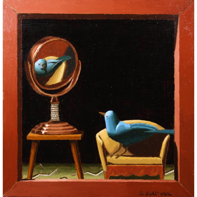 Vanity Fair by Shawn Sullivan | Oil Painting of a blue bird and a mirror on a chair For Sale