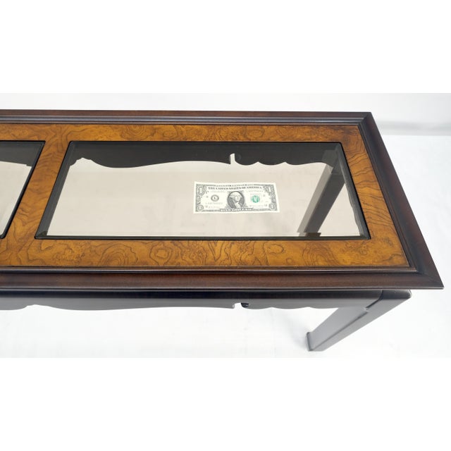 Black Asian Style Burlwood Top Black Lacquer Tinted Glass Rectangle Sofa Console Table For Sale - Image 8 of 10