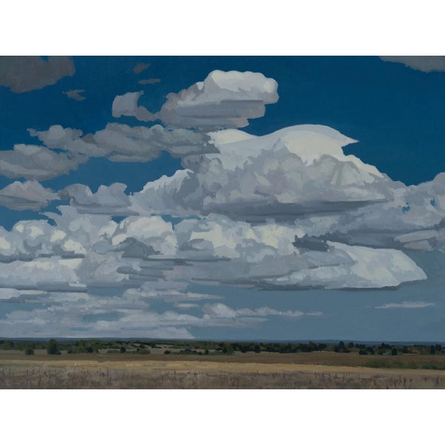 "Gathering Form" is an oil on canvas landscape painting by Michael Magrin, completed in 2026. Cumulus clouds fill the...