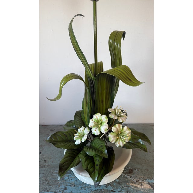 Green 1960s Mid-Century Modern Tole Safran & Glucksman Floral Table Lamp and Scalloped Silk Shade - 38" Tall For Sale - Image 8 of 17