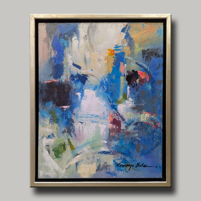 White River: 18in X 22in Modern Contemporary Framed Blue Abstract on Canvas. Floater Frame.