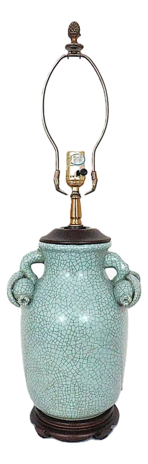 Late 20th Century Chinoiserie Pomegranate Table Lamp With Crackle Glaze in Celadon Green