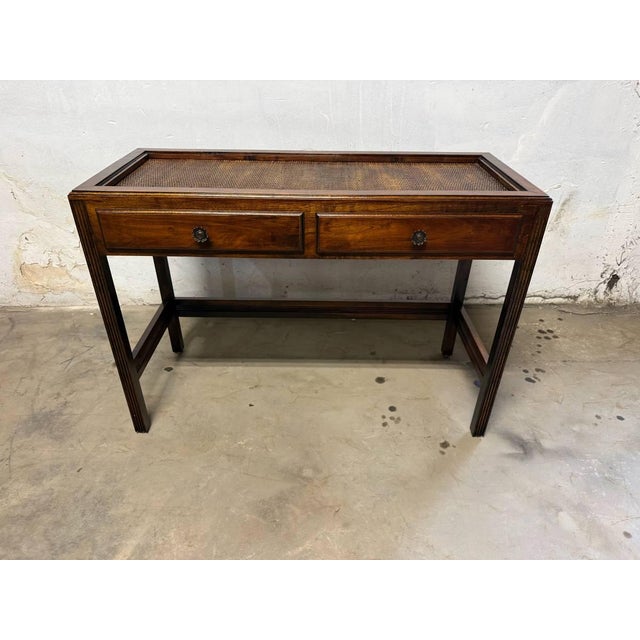 Vintage Chinioiserie Style Glass Rattan Top 2 Tier Console Table Desk For Sale - Image 12 of 14