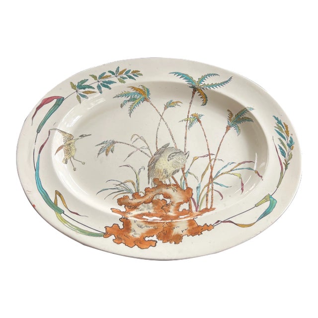 Antique 1877 English Copeland Egret Palm Serving Platter For Sale