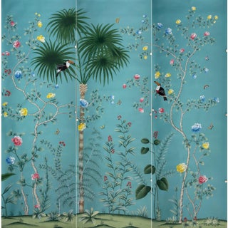 Hand Painted Teal Tropical Chinoiserie Toucan Floral Mural 3-Panel Set For Sale