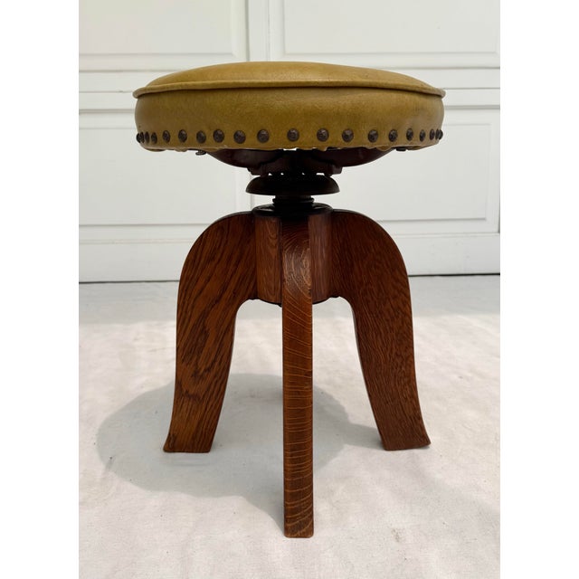 Arts and Crafts Mustard Yellow Nailhead Swivel Solid Wood Stool For Sale In Los Angeles - Image 6 of 12