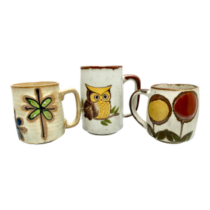 Midcentury Stoneware Whimsical Floral and Owl Motif Pottery Mugs-Set of Three