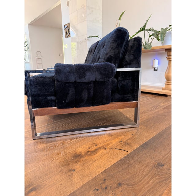Wood Vintage Chrome & Black Plush Upholstered Sofa and Loveseat Set in the Style of Milo Baughman & Adrian Pearsall For Sale - Image 7 of 13