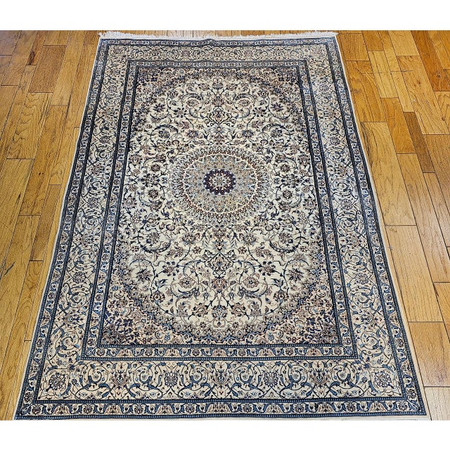 Vintage Exceptionally Fine Persian Nain Habibian Area Rug, Hand-Knotted Wool & Silk, Floral Pattern, 6x10, Ivory & Blue For Sale - Image 9 of 9