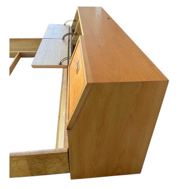 Wood Henredon Scene Two Campaign King Bed Burlwood Oak Trunk Headboard Art Deco For Sale - Image 7 of 16