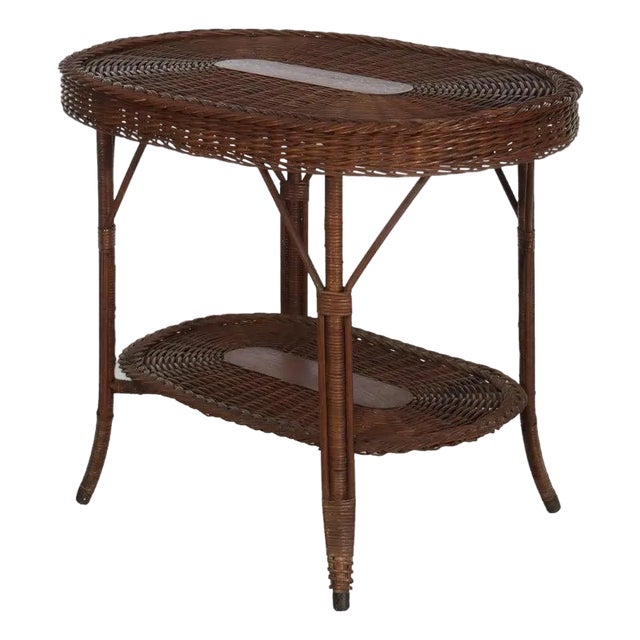Antique Heywood & Wakefield Arts & Crafts Wicker & Oak Table Signed C1920 For Sale