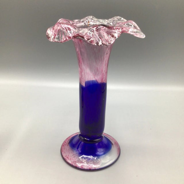 Murano Colbalt Blue With Pink Swirl Floral Studio Art Glass Vases - A Pair For Sale In Sacramento - Image 6 of 12
