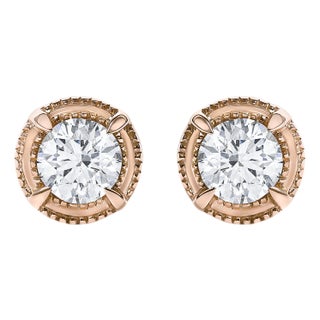 14K Rose Gold Plated .925 Sterling Silver 1.0 Cttw Round Brilliant Cut Diamond Solitaire Milgrain Stud Earrings (K-L Color, I2-I3 Clarity) For Sale