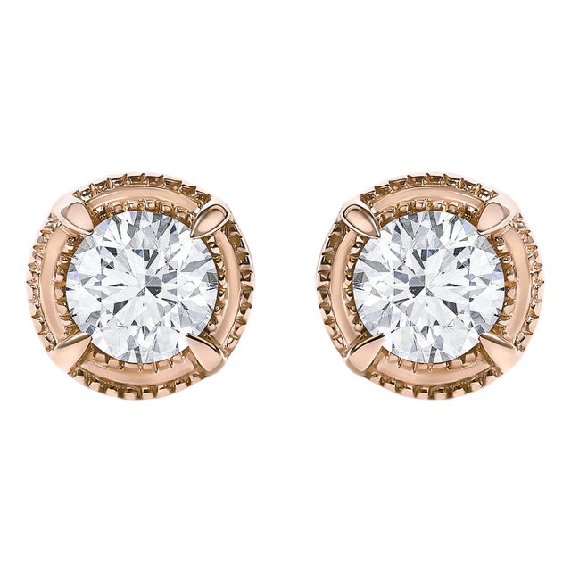 14K Rose Gold Plated .925 Sterling Silver 1.0 Cttw Round Brilliant Cut Diamond Solitaire Milgrain Stud Earrings (K-L Color, I2-I3 Clarity) For Sale