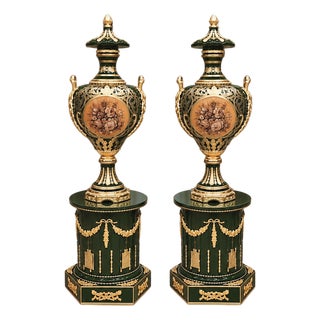 French Louis XVI Style Porcelain Vases With Pedestals – Emerald Green, Gold Leaf & Bronze Decorative Set For Sale