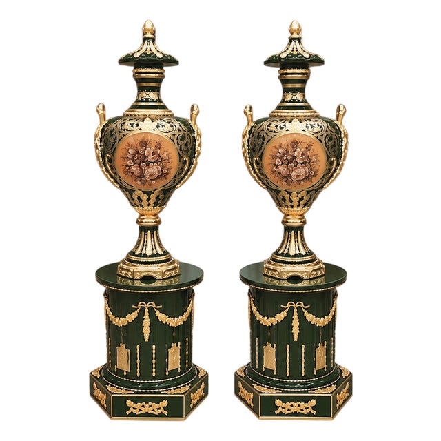 French Louis XVI Style Porcelain Vases With Pedestals – Emerald Green, Gold Leaf & Bronze Decorative Set For Sale