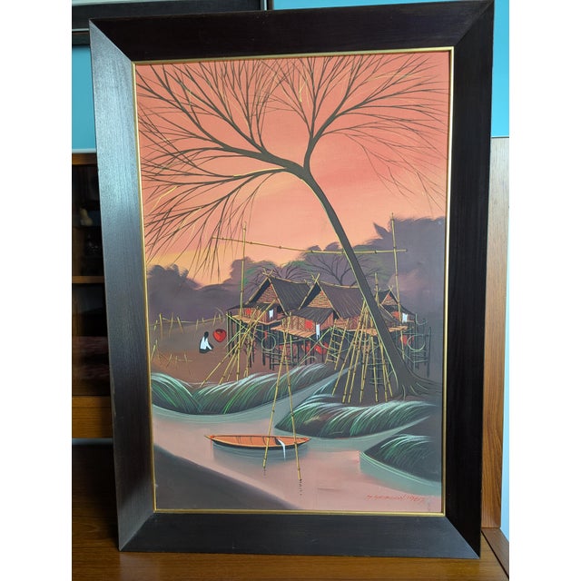 1967 Original Oil on Canvas Painting by Thai Modernist Sanong Sriboon Framed For Sale - Image 12 of 14