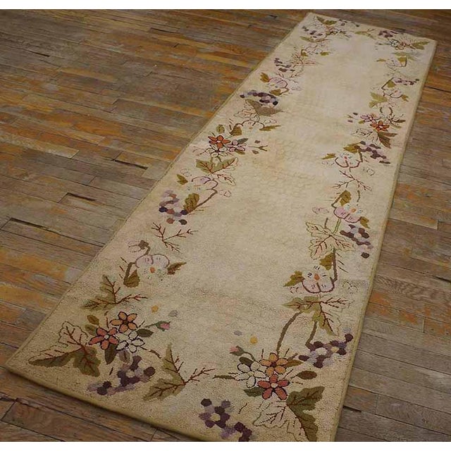 American 1930s Tan Beige Floral Folk Art Antique American Hooked Handknotted Wool Runner For Sale - Image 3 of 13