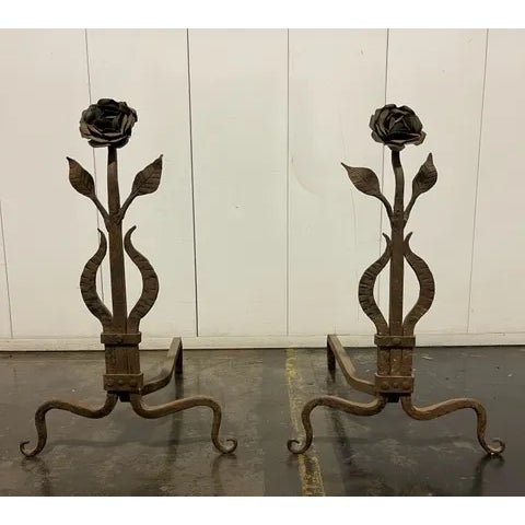 Vintage Late 1920s Single Rose Design Andirons - a Pair For Sale In Los Angeles - Image 6 of 6