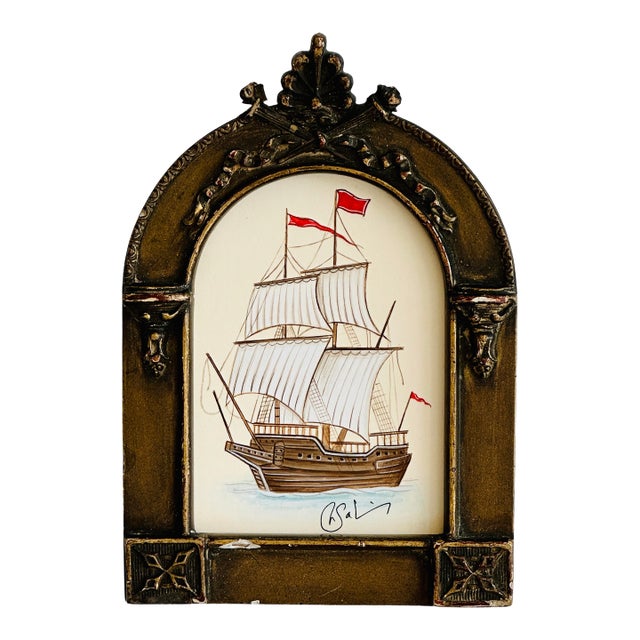 Original Hand-Painted Sailboat Miniature Painting in an Antique Frame For Sale