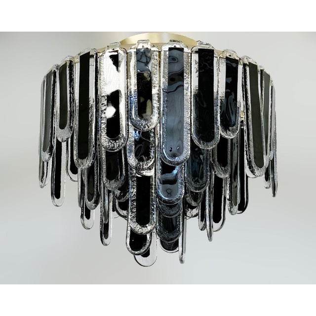 Italian modern chandelier or flush mount with clear textured Murano glass blades decorated in black center, arranged in...