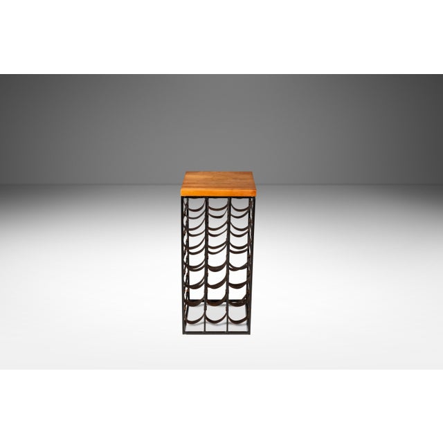 1960s Mid-Century Modern 21 Bottle Wine Rack in Leather & Wrought Iron W/ Butcher Block Top Attributed to Arthur Umanoff, Usa, C. 1960s For Sale - Image 5 of 18